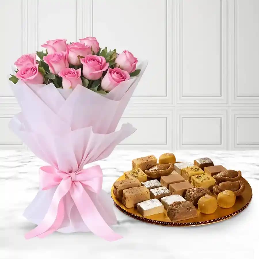 Assorted Sweets from G Pulla Reddy with Rose Bouquet