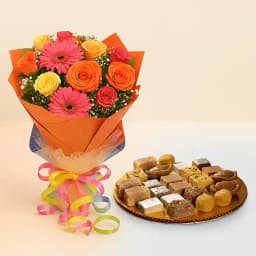 Assorted Sweets from G Pulla Reddy with Seasonal Flower Bouquet 1