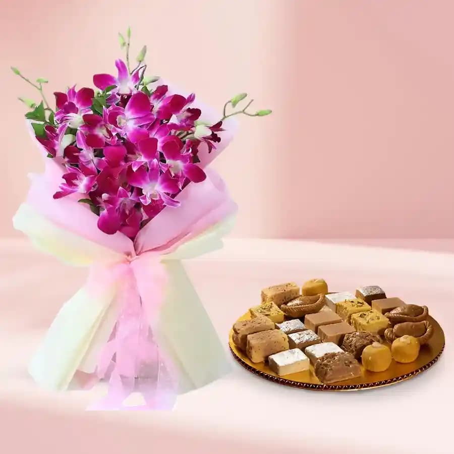 Assorted Sweets from G Pulla Reddy with Orchid Bouquet