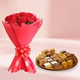 Assorted Sweets from G Pulla Reddy with Red Carnation Bouquet 1