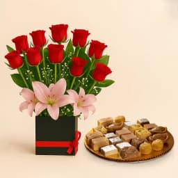 Assorted Sweets from G Pulla Reddy with Designer Flower Arrangement 1