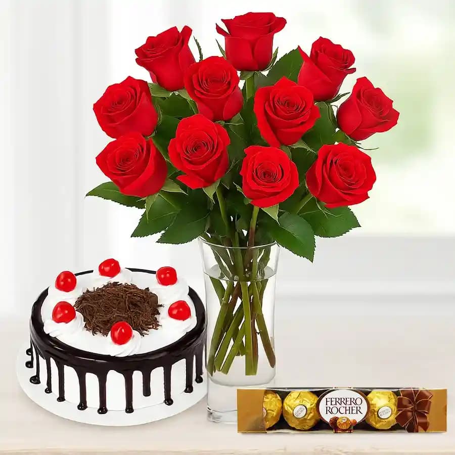 Gorgeous Bouquet of Red Roses with Ferrero Rocher and Black Forest Cake
