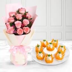 Badam Kalash from Dadus with Pink Rose Bouquet 1