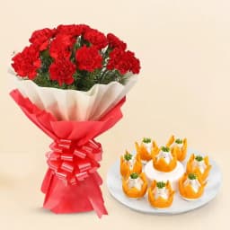 Badam Kalash from Dadus with Red Carnation Tissue Wrapped Bouquet 1