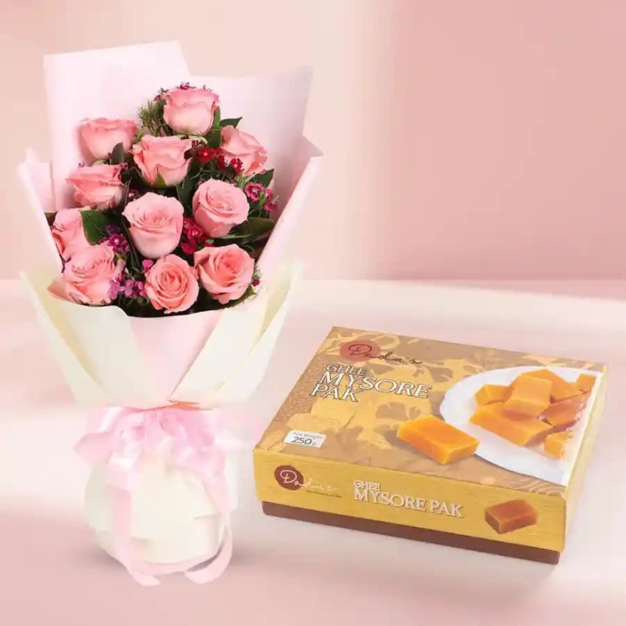 Ghee Mysorepak from Dadus with Pink Rose Bouquet