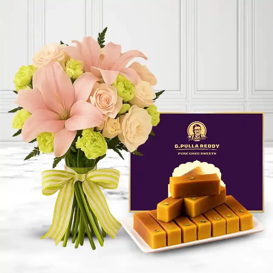 Milk Mysorepak from G Pulla Reddy with Flowers Bouquet