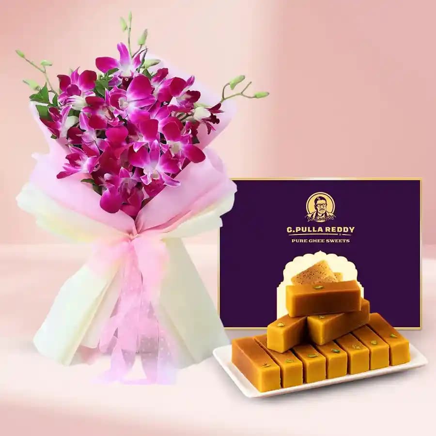 Milk Mysorepak from G Pulla Reddy with Orchid Bouquet