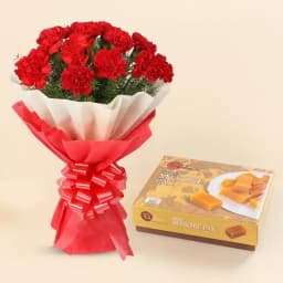 Ghee Mysorepak from Dadus with Red Carnation Tissue Wrapped Bouquet 1