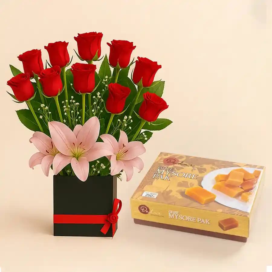 Ghee Mysorepak from Dadus with a Designer Flower Arrangement