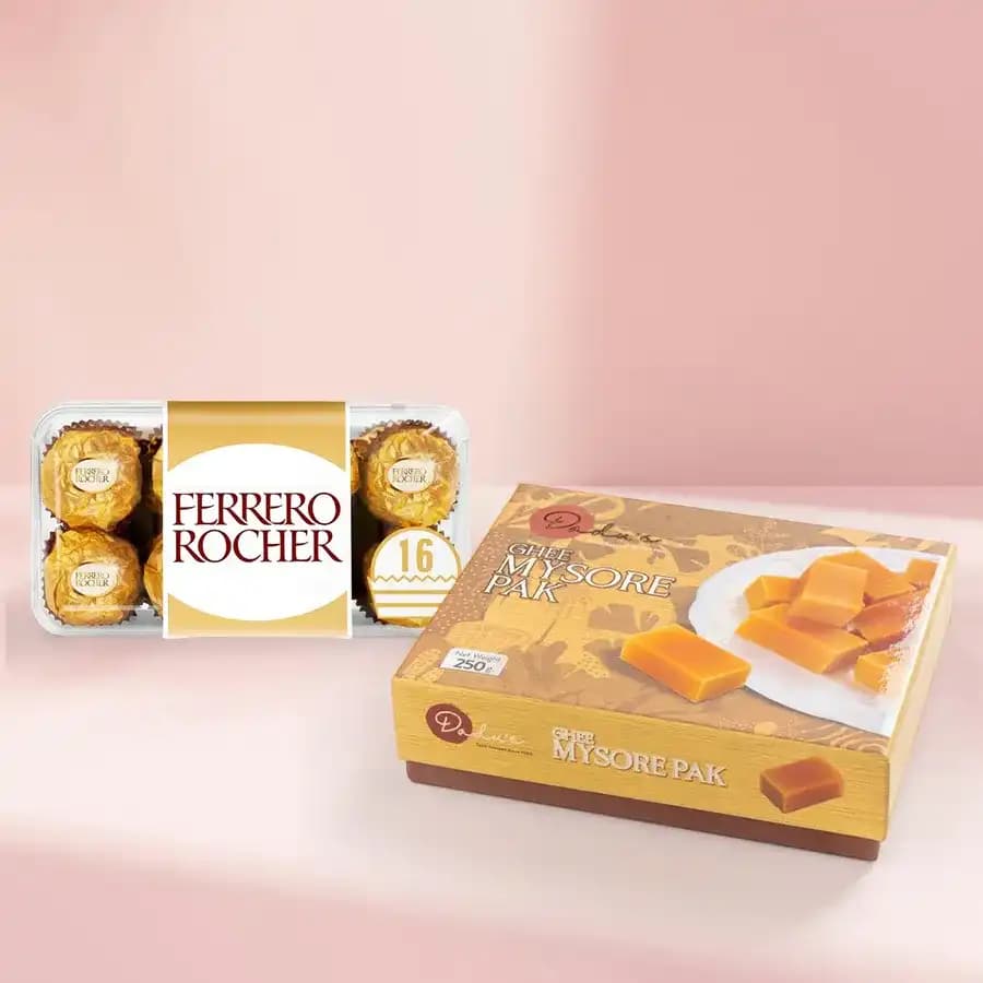 Ghee Mysorepak from Dadus with Ferrero Rocher