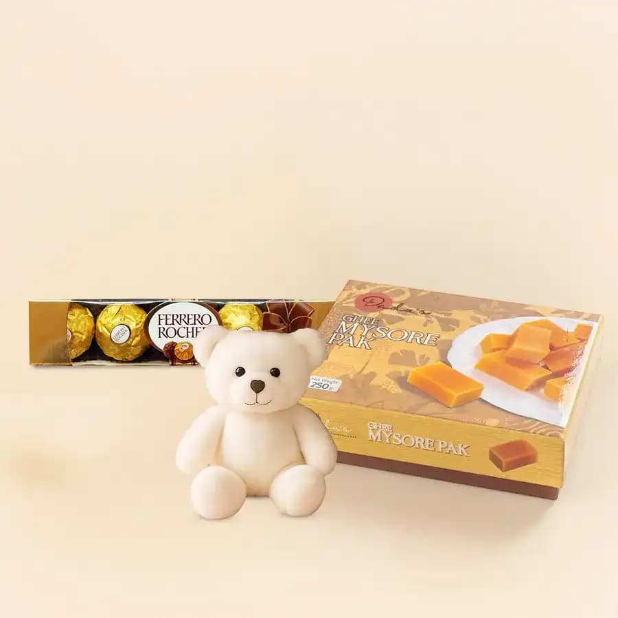 Ghee Mysorepak from Dadus with Teddy N Ferrero Rocher