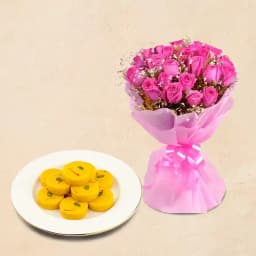 Kesar Peda from Dadus with Pink Rose Bouquet 1