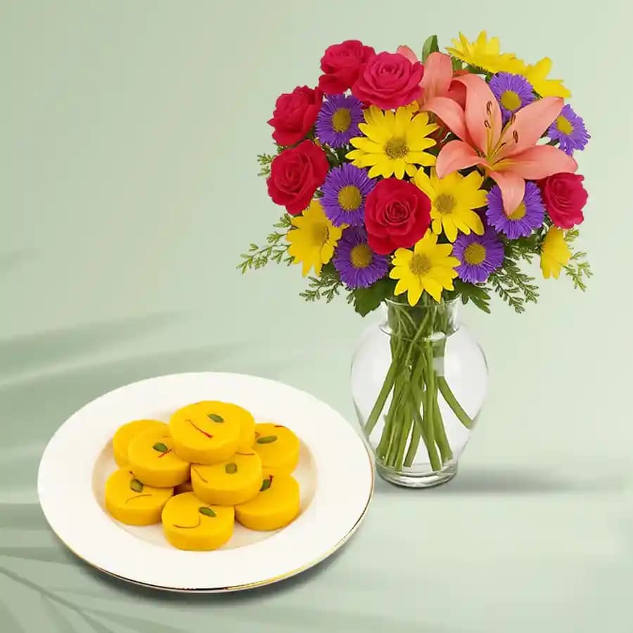 Kesar Peda from Dadus with a Mixed Flower Arrangement