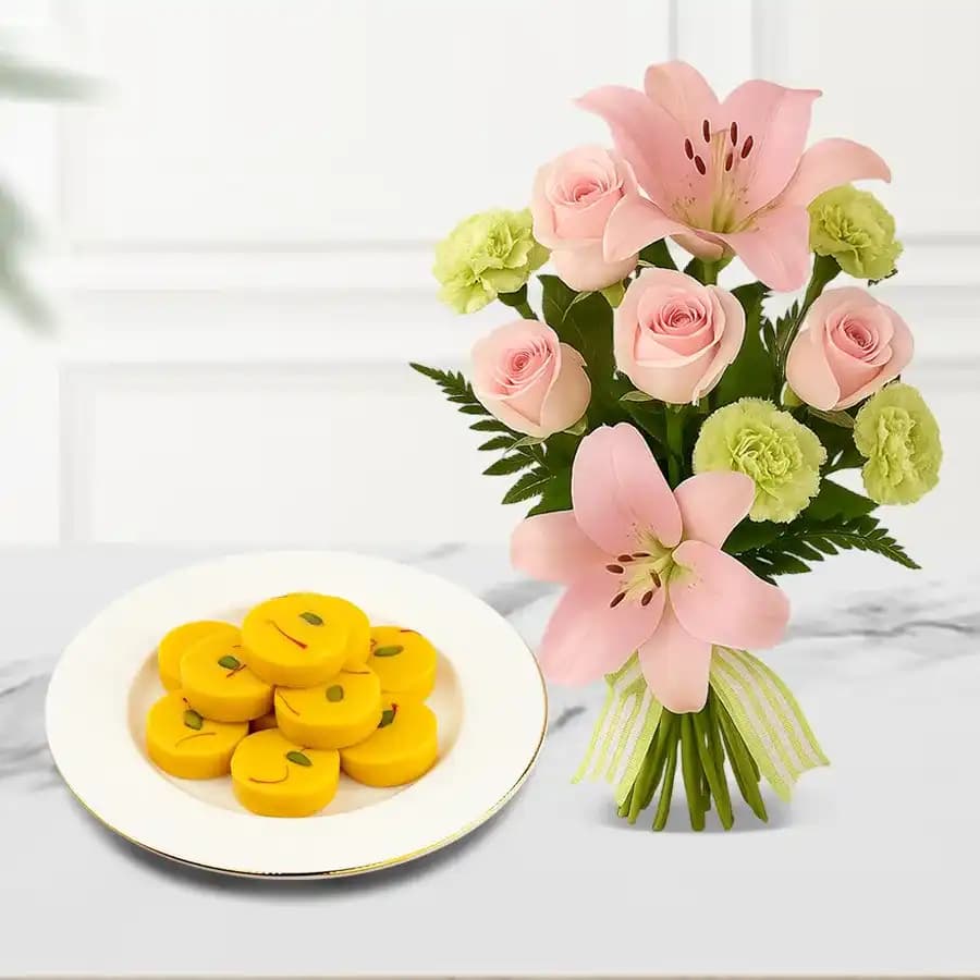 Kesar Peda from Dadus with a Flowers Bouquet