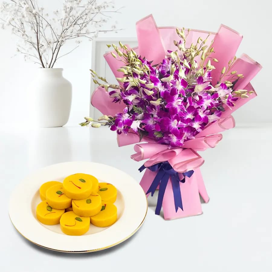 Kesar Peda from Dadus with Orchid Bouquet