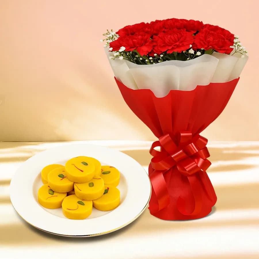 Kesar Peda from Dadus with Red Carnation Tissue Wrapped Bouquet