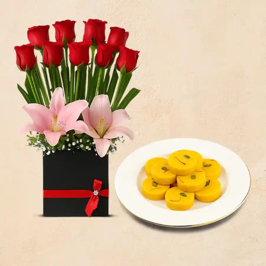 Kesar Peda from Dadus with a Designer Flower Arrangement