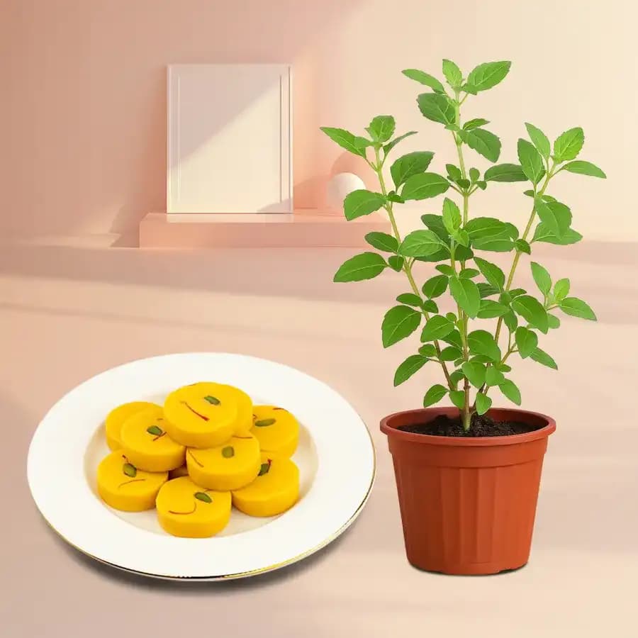Kesar Peda from Dadus with a Tulsi Plant
