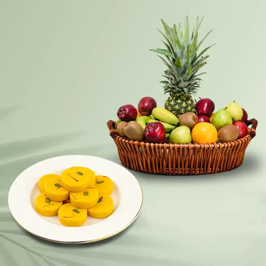 Kesar Peda from Dadus with Fresh Fruit Basket
