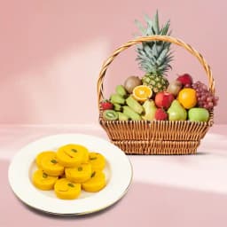 Kesar Peda from Dadus with Fresh Fruit Basket 1