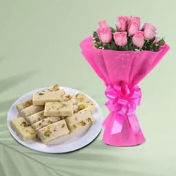 Malai Burfi from G Pulla Reddy with Pink Rose Bouquet 1