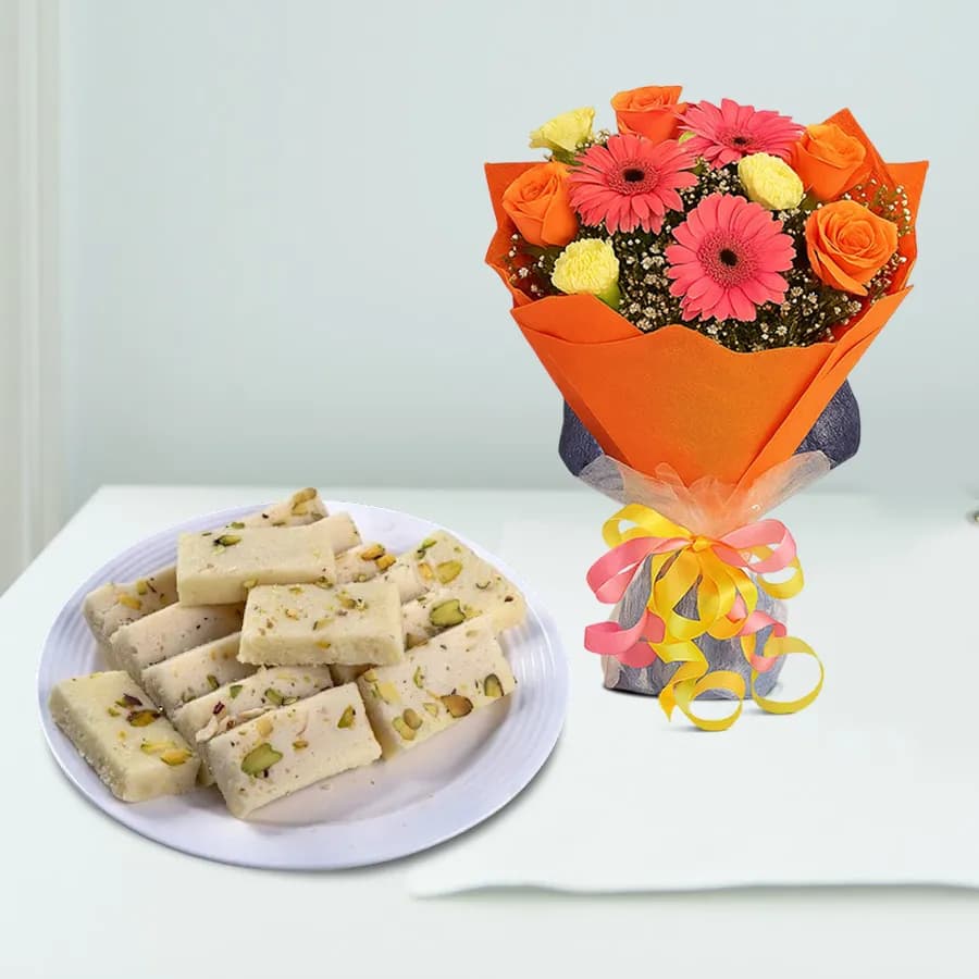 Malai Burfi from G Pulla Reddy with Seasonal Flower Bouquet