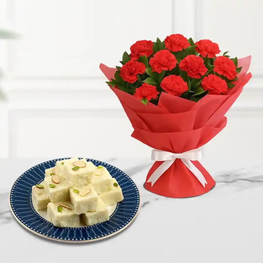 Malai Burfi from G Pulla Reddy with Red Carnation Bouquet