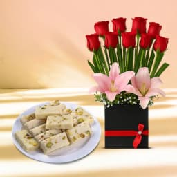 Malai Burfi from G Pulla Reddy with Designer Flower Arrangement 1