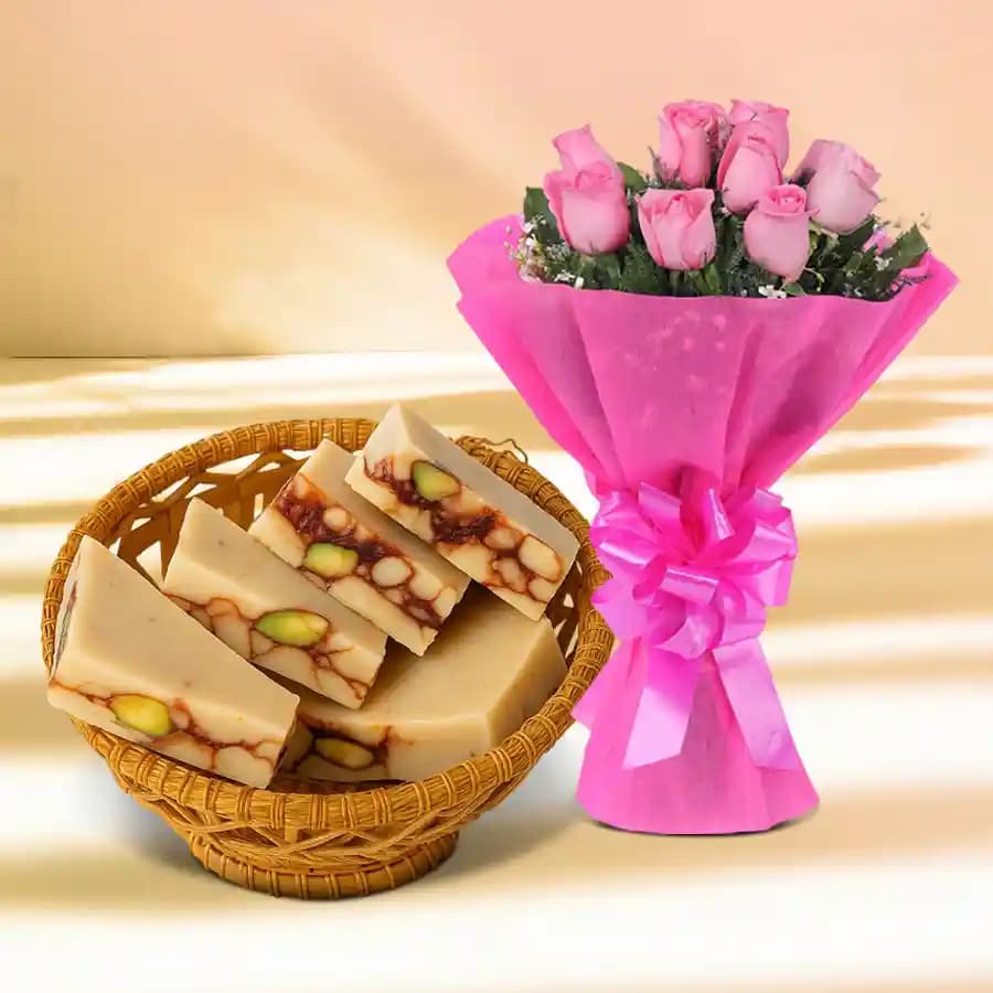 DryFruit Katli from G Pulla Reddy with Pink Rose Bouquet