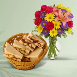 DryFruit Katli from G Pulla Reddy with Mixed Flower Arrangement 1
