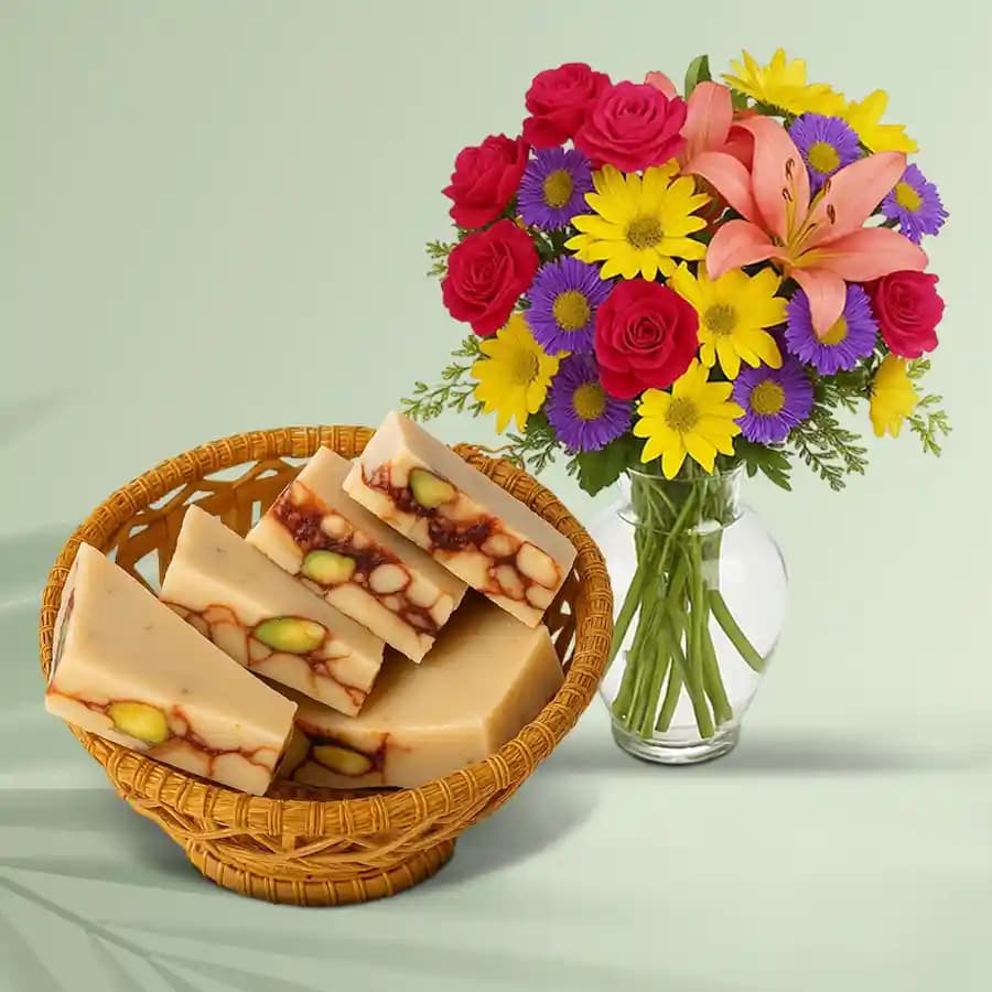 DryFruit Katli from G Pulla Reddy with Mixed Flower Arrangement