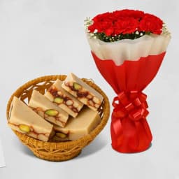 DryFruit Katli from G Pulla Reddy with Red Carnation Bouquet 1