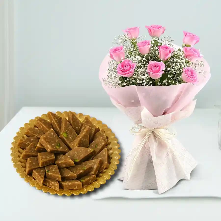 Peppery Cashew Burfi from Almond House with Pink Rose Bouquet