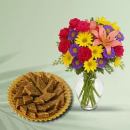 Peppery Cashew Burfi from Almond House with Mixed Flower Arrangement 1