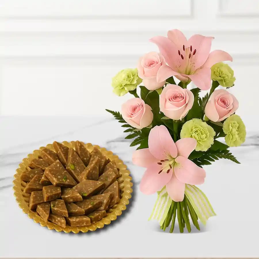 Peppery Cashew Burfi from Almond House with Flowers Bouquet