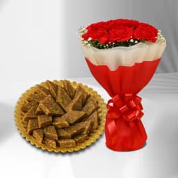 Peppery Cashew Burfi from Almond House with Red Carnation Bouquet 1