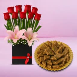 Peppery Cashew Burfi from Almond House with Designer Flower Arrangement 1