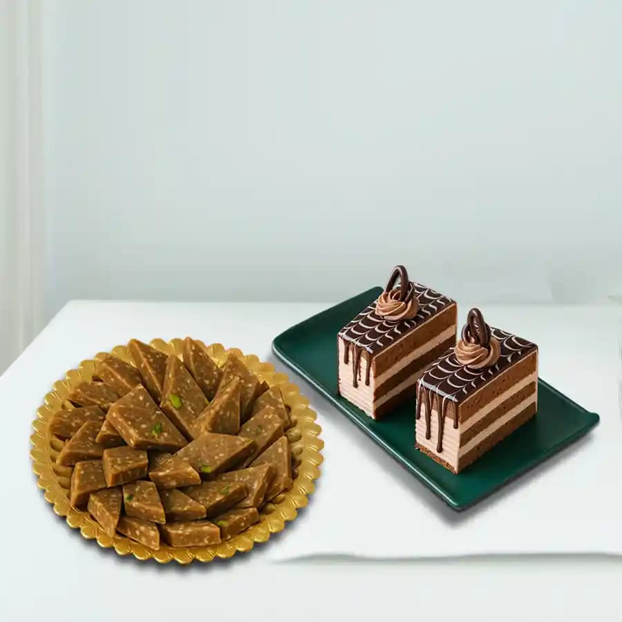 Peppery Cashew Burfi from Almond House with Chocolate Pastry