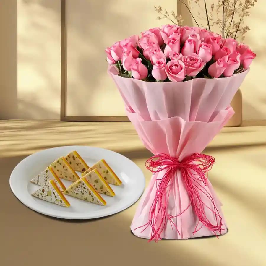 Kaju Pista Sandwich from Almond House with Pink Rose Bouquet