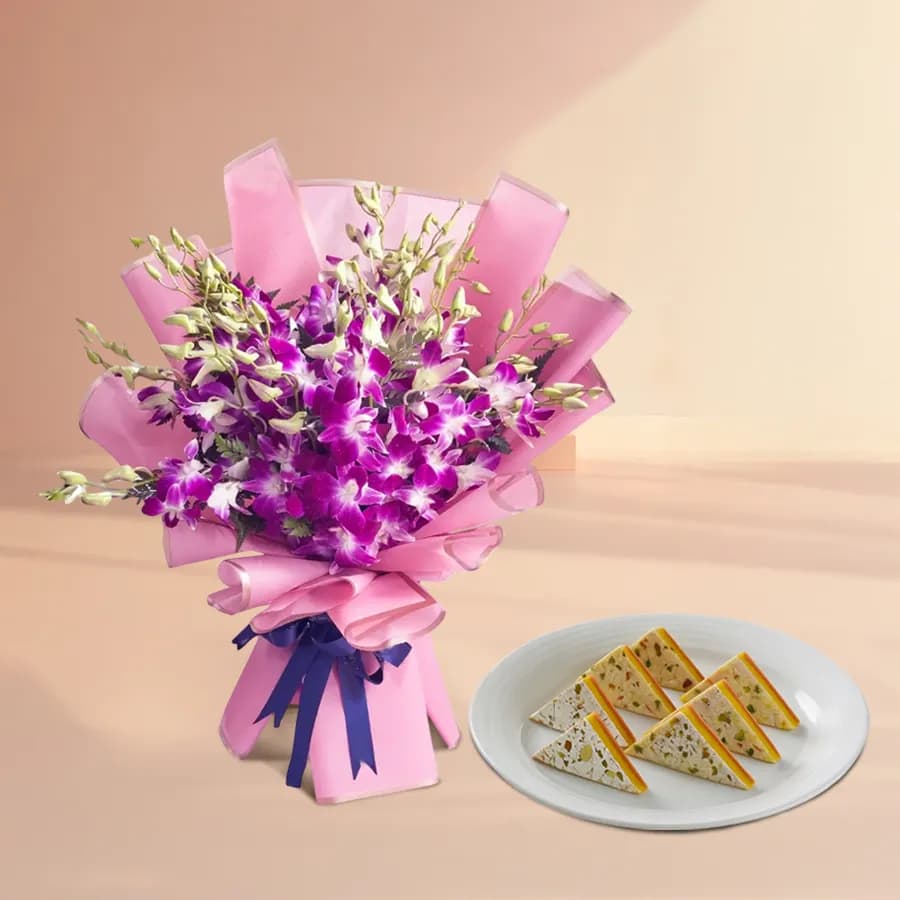 Kaju Pista Sandwich from Almond House with Orchid Bouquet