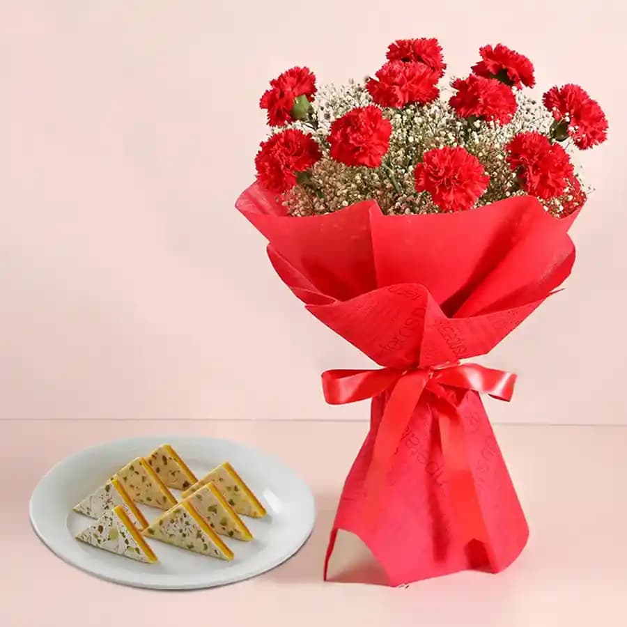 Kaju Pista Sandwich from Almond House with Red Carnation Bouquet