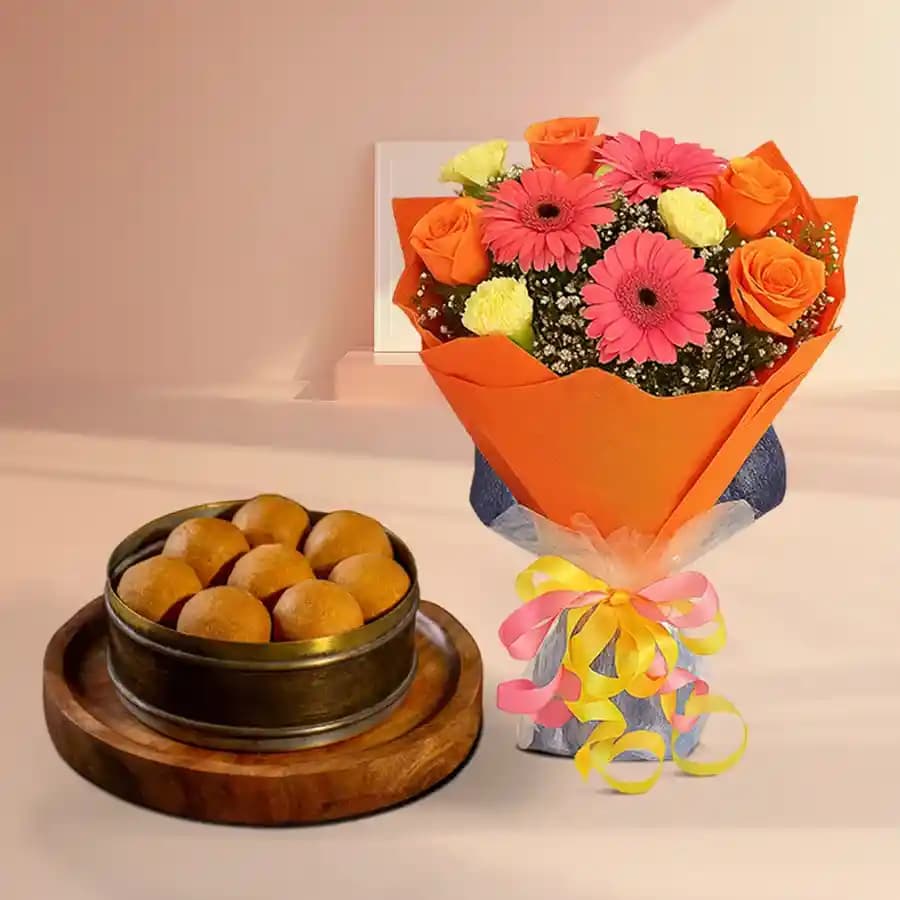 Bellam Sunni Laddu from Almond House with Seasonal Flower Bouquet