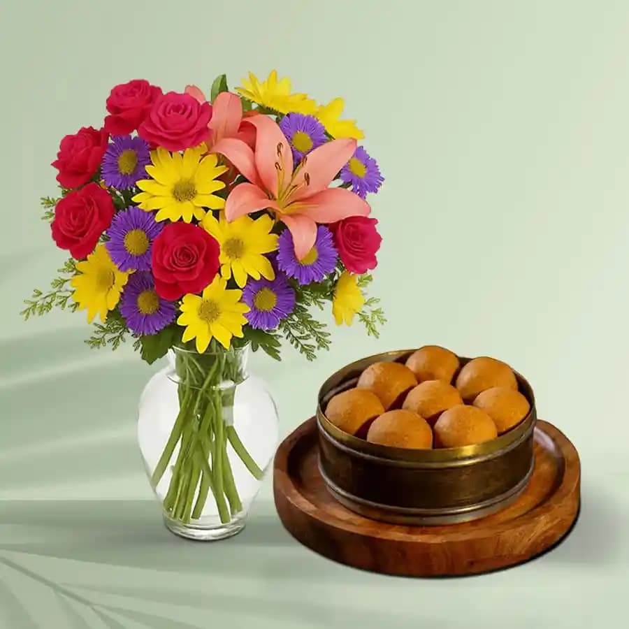 Bellam Sunni Laddu from Almond House with Mixed Flower Arrangement