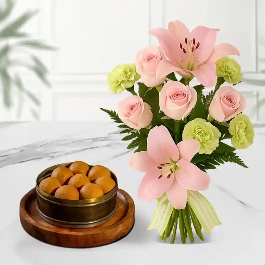 Bellam Sunni Laddu from Almond House with Flowers Bouquet