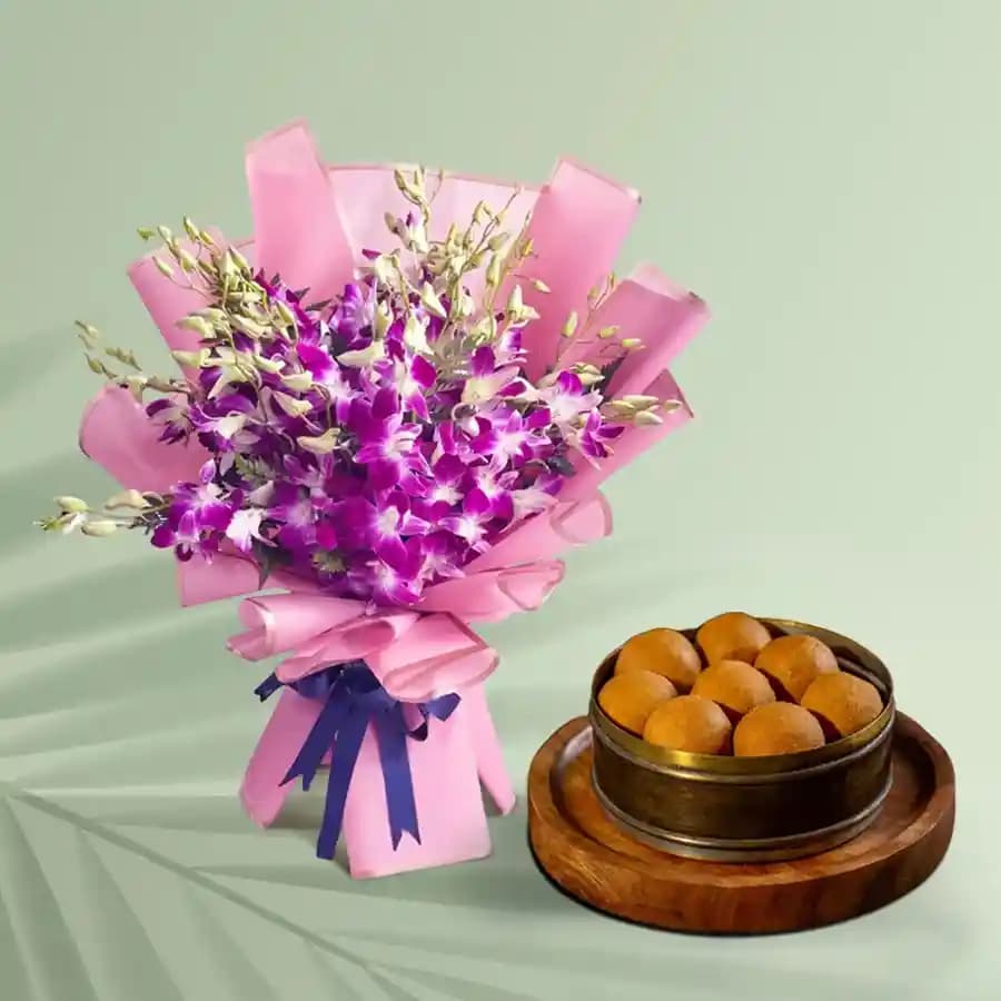 Bellam Sunni Laddu from Almond House with Orchid Bouquet