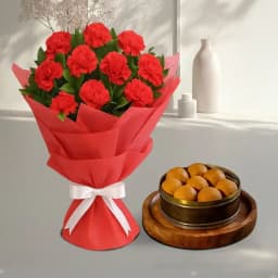 Bellam Sunni Laddu from Almond House with Red Carnation Bouquet 1