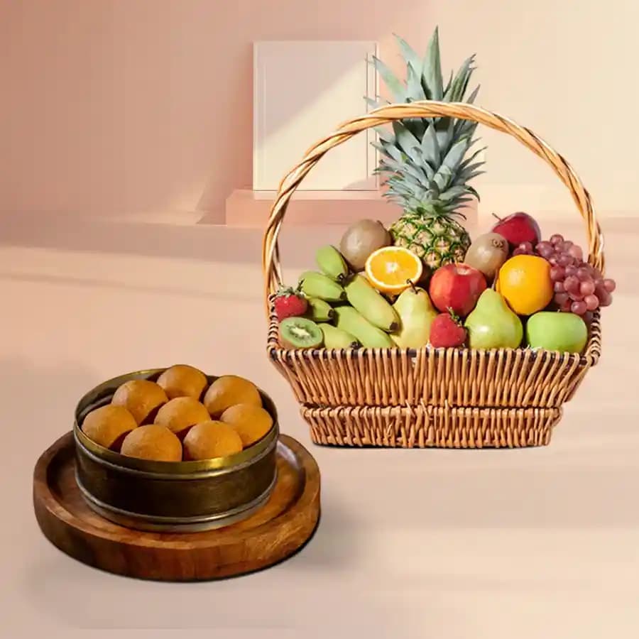 Bellam Sunni Laddu from Almond House with Fresh Fruit Basket