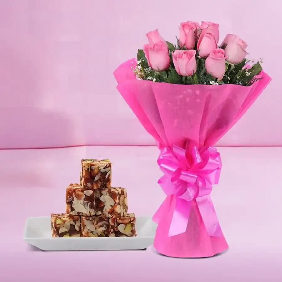 Dry Fruit Burfi from Almond House with Pink Rose Bouquet