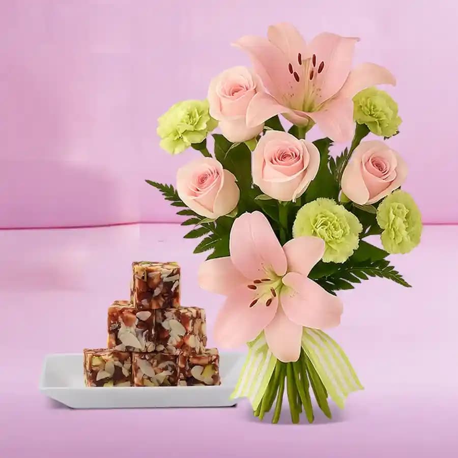 Dry Fruit Burfi from Almond House with Flowers Bouquet