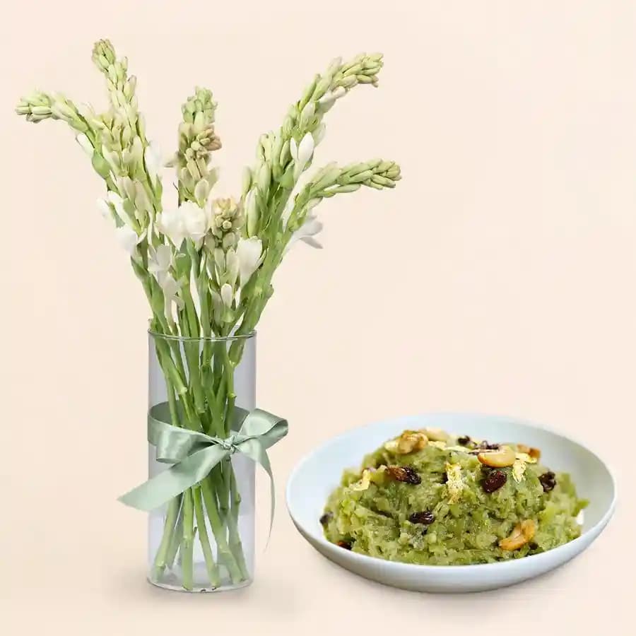 Heavenly Dudhi Halwa with Elegant Rajnigandha Stems